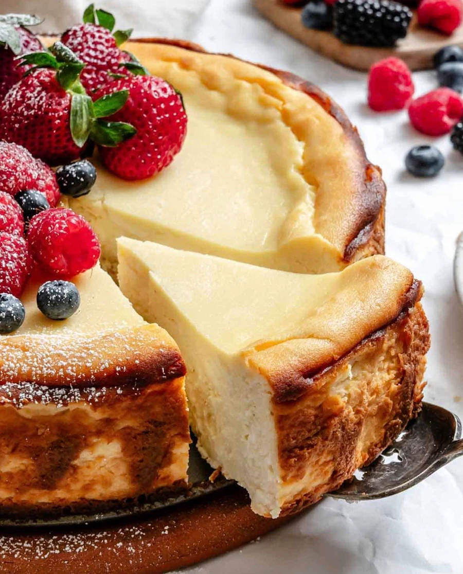 Cheesecake with berries and powdered sugar