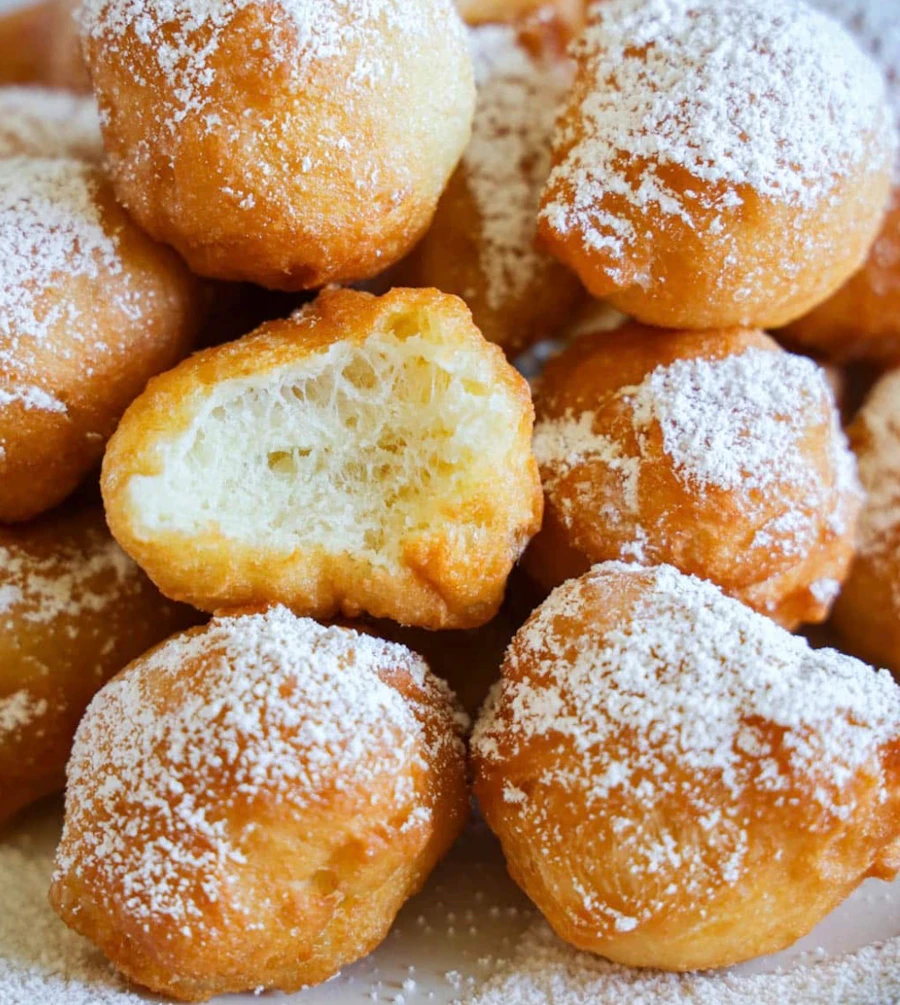 Golden zeppole dusted with powdered sugar